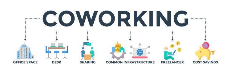 Coworking banner web icon vector illustration concept with icon of office space, desk, sharing, common infrastructure, freelancer, and cost savings
