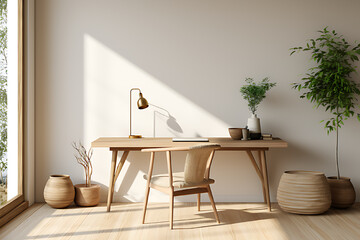 Minimalist study room with white walls, laptop, study lamp, table, chairs and flower vase. Sunlight comes in through the window.