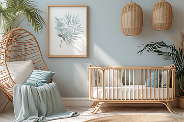 Modern and minimalist baby room with a frame on the wall behind the crib. There are toys, rugs, plants and pillows.
