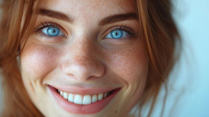 Closeup of young woman with blue eyes and white smile. 