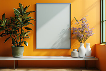 Single empty frame mockup on bright yellow wall, flower vase on table, soft sunlight through window.