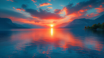 Majestic Sunset Over Lake With Mountain Background
