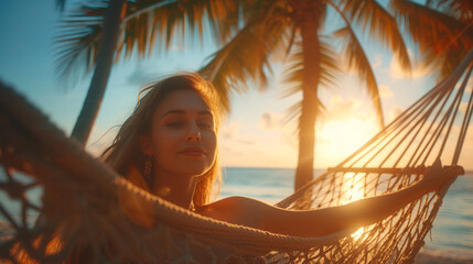 Relaxed woman lounging in a hammock under swaying palm trees.