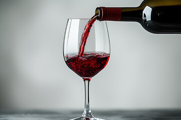Wine drink poured from bottle into glass on white background.