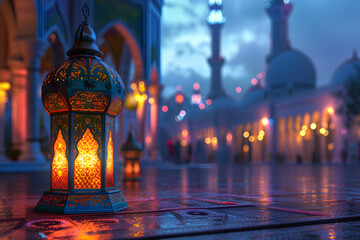 Obraz premium A serene, colorful mosque and a glowing lantern on a peaceful Ramadan evening