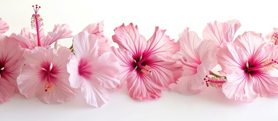 A pattern of pink flowers with petals and magenta hues on a white background, creating a beautiful natural material design.