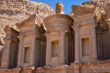 Monastery carved into the rock of the city of Petra, Wadi Musa, Jordan.