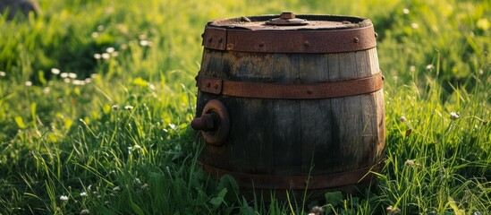 Obraz premium Rusty fittings surround an aged oak barrel in the grass.