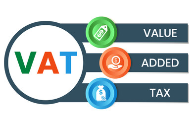 VAT - value added tax. acronym business concept. vector illustration concept with keywords and icons. lettering illustration with icons for web banner, flyer, landing page