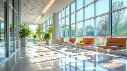 clinic lobby, Bright and airy hospital corridor with comfortable seating and large windows overlooking greenery. Generative AI