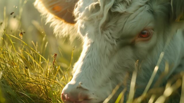 closeup of red-eyed cow eating grass