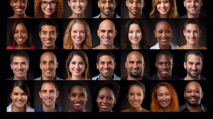 A Hundreds of multiracial people crowd portraits headshots collection, collage mosaic. Many lot of multicultural different male and female smiling faces looking at camera. - obrazy, fototapety, plakaty