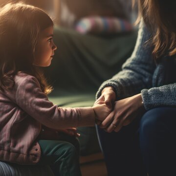 Family and care, close-up of compassionate foster parents holding hands of little girl Provide psychological assistance Generations of families who sincerely share secrets or make peace.