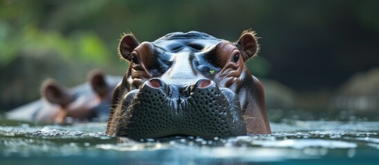 A big carnivorous hippopotamus is leisurely swimming in the water, its snout and eyes popped out while gazing at the camera.