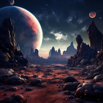 An otherworldly alien landscape with bizarre rock formations and a sky filled with unfamiliar constellations