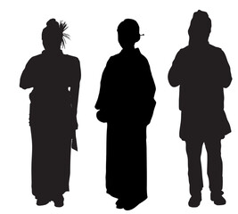 silhouettes of people asian traditional dress - obrazy, fototapety, plakaty