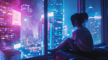 Woman Sitting on Window Sill, Looking Out at City