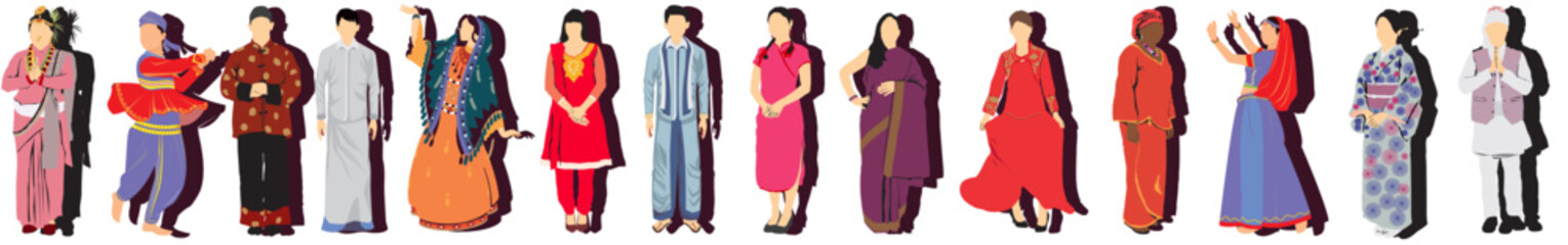 set of different traditional dress different cultural people