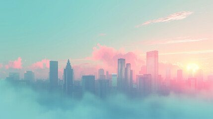雲に浮かぶ都市と朝焼けした空