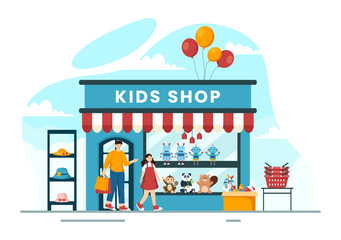 Naklejka premium Kids Shop Vector Illustration with Boys and Girls Children Equipment such as Clothes or Toys for Shopping Concept in Flat Cartoon Background