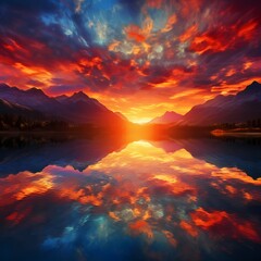 A breathtaking sunset over a serene mountain lake, with vibrant colors reflecting off the water