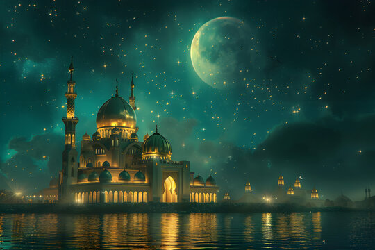 A beautiful illustration of a glittering green and golden mosque with the moon in an old theme. Perfect for religious and cultural events, celebrations, and decorations.