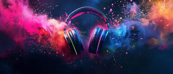 Colorful Powder Surrounding a Pair of Headphones - obrazy, fototapety, plakaty