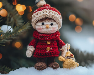 a home alone Christmas crochet doll wearing a red sweater, red scarf, green pants. background has a winter accent and bokeh elements.