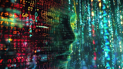 Digital face silhouette amidst colorful data stream