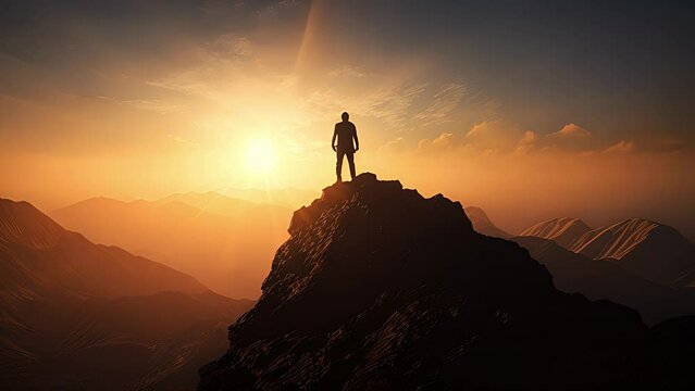 silhouette of man on top of mountain peak at sunset. Created with generative AI.	