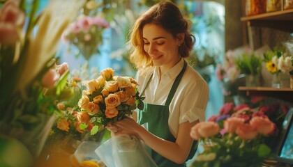 A florist girl holds a bouquet of flowers
