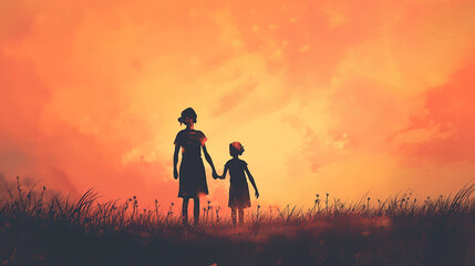 Fototapeta premium an illustration showing love and grief with mother and child. grief of a child or Mother illustration concept with Mother and child holding hands crossing over.