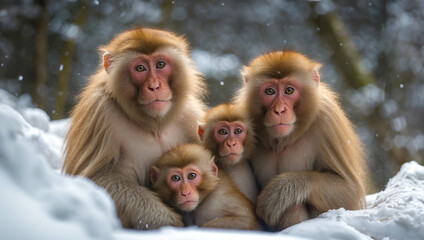 Snow Monkeys Family Babies Kids Animals