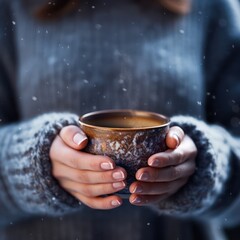 A Young woman's hand in a sweater holds a steaming warm tea mug outdoors in snowy winter. Coffee, tea, coffee mug, warm,