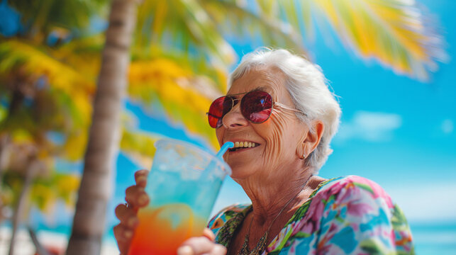 A photo illustrating a senior citizen enjoying retirement, sitting under a palm tree and sipping a colorful drink. On a beautiful, bright sunny beach with sunrays and soft shadows.