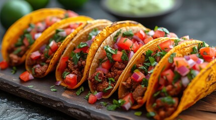 Fototapeta premium Tacos on wooden tray ready to serve.