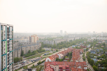 smog smoke over town. city panorama, street, townhouse, houses, buildings. smoke from summer forest fires, bad ecology. Yekaterinburg, Russia: 05.05.2023