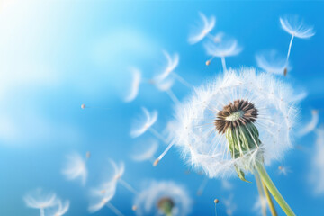 Dandelion seeds drift on a breeze against a serene blue backdrop, embodying nature's grace, AI Generative.