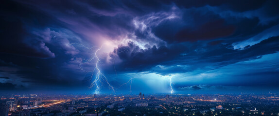 Naklejka na ściany i meble Lightning storm over city in blue light