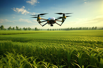 A drone hovers over lush green cornfields, capturing the essence of modern agriculture, AI Generative.