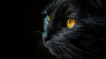 Intense gaze of a black cat with striking yellow eyes, capturing the essence of mystery, AI Generative.