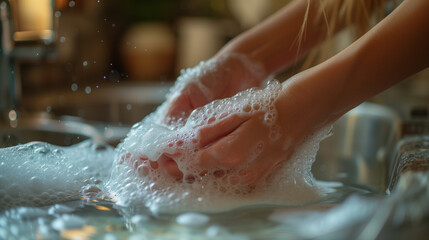 Fototapeta premium A woman's hands are washing with lots of foam, Ai generated images