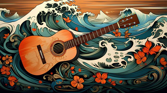 Abstract illustration of acoustic guitar with waves and flowers