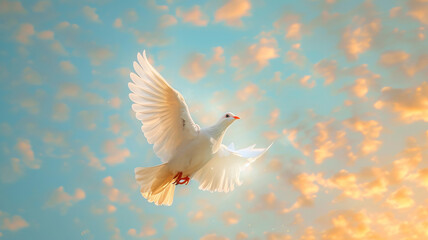 Peaceful dove ascending into a golden sunrise, symbolizing hope and freedom. AI Generative.