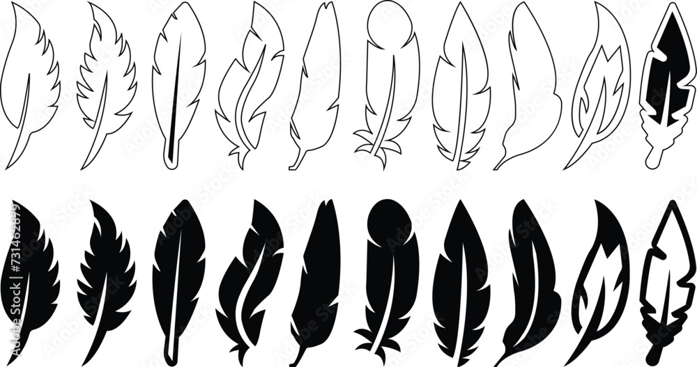 Poster flat feather icons set. vectors illustration for graphic and web designs. simple silhouette signs ed