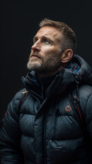 Obraz premium A mature, bearded male climber with weathered features and short hair. A look of intense focus, as if surveying a challenging peak. Posing side profile, looking upwards with a minimal blank background