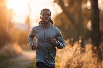 dark skin African American man in a track suit jogging outdoors for exercise, fitness, health and wellness. Advertising, marketing, stock photo. mental and heart health awareness - obrazy, fototapety, plakaty