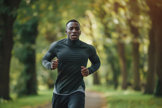 dark skin African American man in a track suit jogging outdoors for exercise, fitness, health and wellness. Advertising, marketing, stock photo. mental and heart health awareness