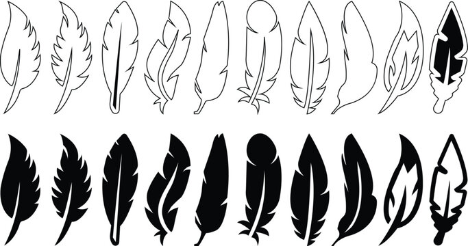 Flat Feather icons Set. Vectors illustration for graphic and web designs. Simple silhouette signs editable stock on transparent background. Internet concept symbols for website button or mobile apps.
