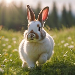 Fototapeta premium Easter bunny runs through a green meadow. Adorable rabbit on a meadow warming lighting. Cute rabbit in the grass field on a spring day 